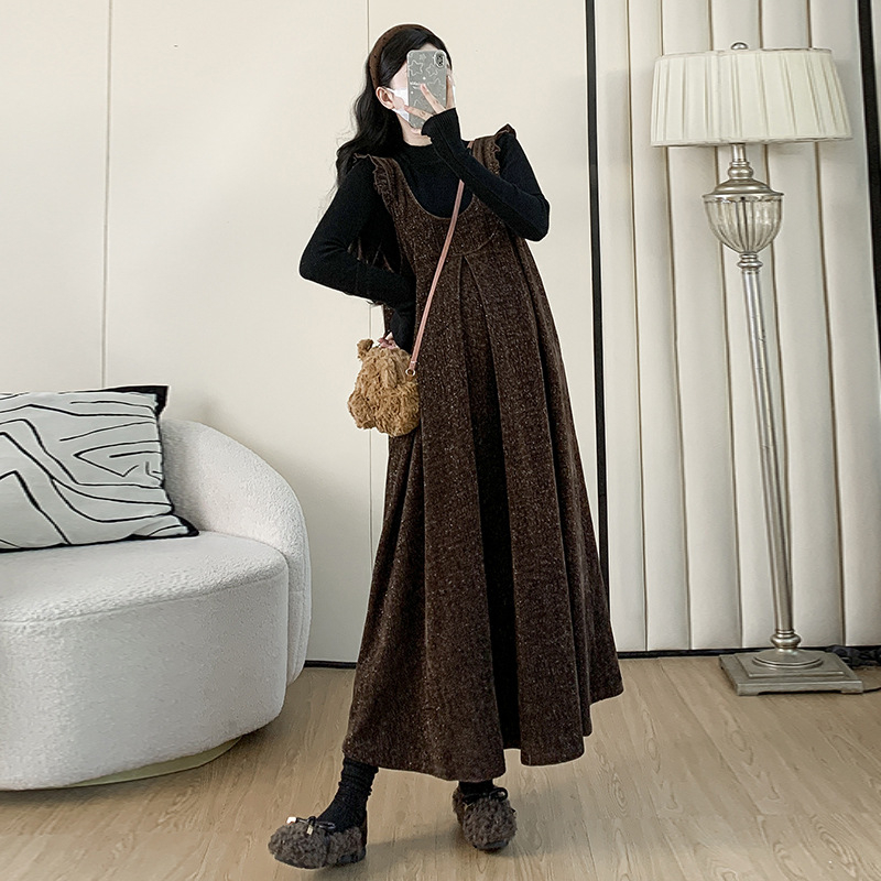 Nėščiųjų dviejų dalių komplektas: sijonas su petnešėlėmis ir viršutinis megztinis, ruduo-žiema 2025, ilgomis rankovėmis, vidutinio ilgio, viskozė 30-50%