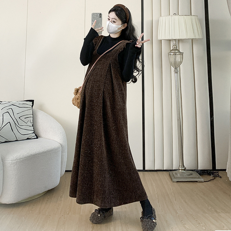 Nėščiųjų dviejų dalių komplektas: sijonas su petnešėlėmis ir viršutinis megztinis, ruduo-žiema 2025, ilgomis rankovėmis, vidutinio ilgio, viskozė 30-50%