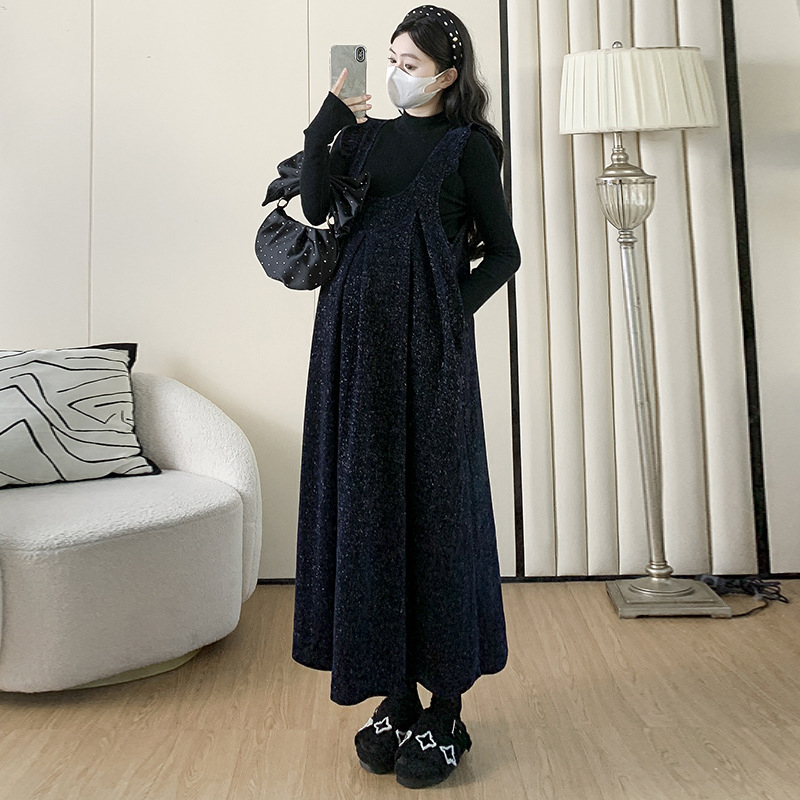 Nėščiųjų dviejų dalių komplektas: sijonas su petnešėlėmis ir viršutinis megztinis, ruduo-žiema 2025, ilgomis rankovėmis, vidutinio ilgio, viskozė 30-50%