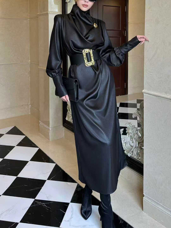 Rochie elegantă cu mâneci lungi, șnur de închidere, guler încrucișat, croială A-line, talie înaltă — amestec poliester-bumbac