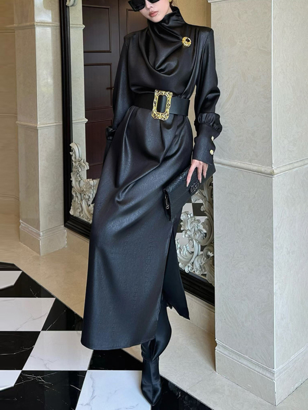 Rochie elegantă cu mâneci lungi, șnur de închidere, guler încrucișat, croială A-line, talie înaltă — amestec poliester-bumbac