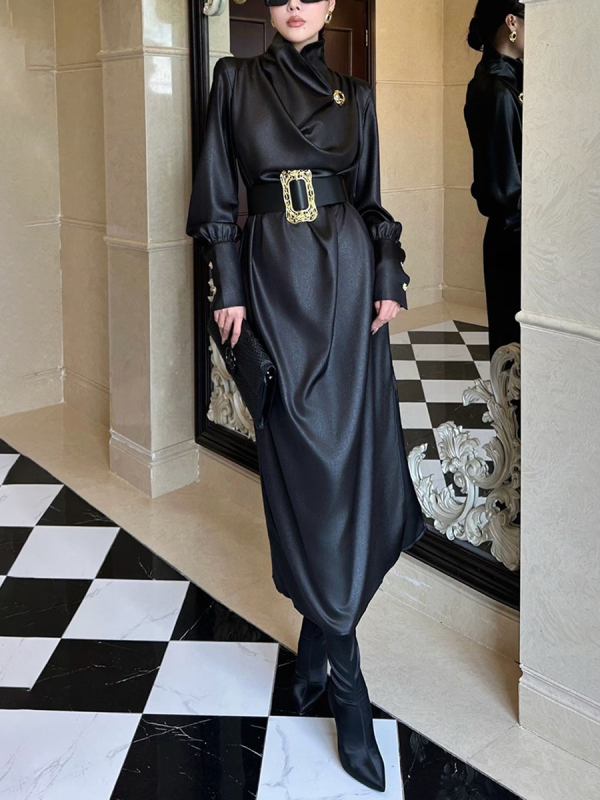 Rochie elegantă cu mâneci lungi, șnur de închidere, guler încrucișat, croială A-line, talie înaltă — amestec poliester-bumbac