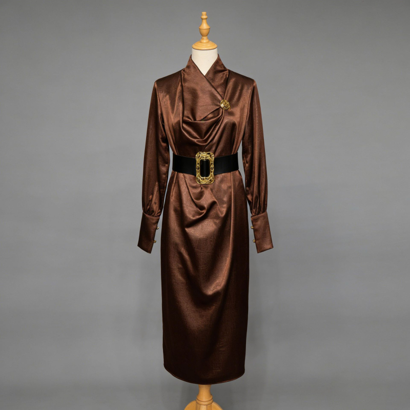 Rochie elegantă cu mâneci lungi, șnur de închidere, guler încrucișat, croială A-line, talie înaltă — amestec poliester-bumbac