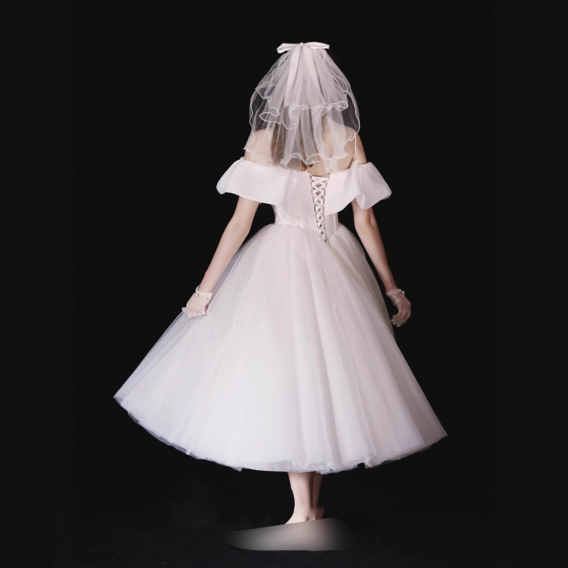 Vjenčana haljina s jednim ramenom, A-linija, poliester, srednja duljina, visok struk