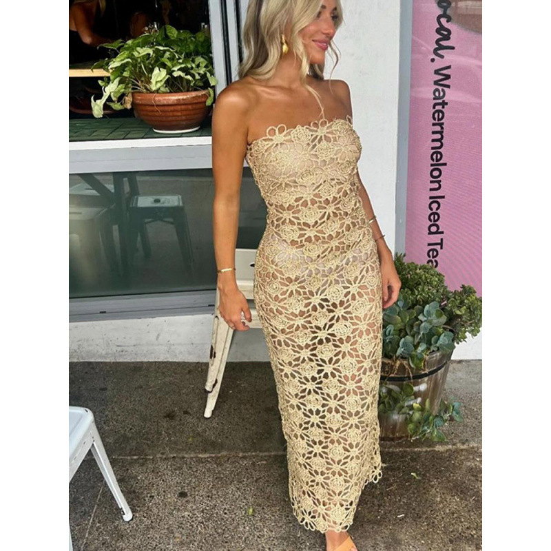 Haljina s naramenicama, prilagođeni siluetu kukova, duga, bez rukava, poliester, struk srednje visine