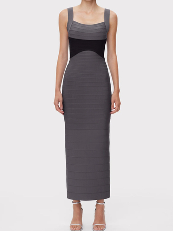 Bandage haljina bez rukava, s visokim strukom, kvadratni izrez, zatvarač, dugačka haljina