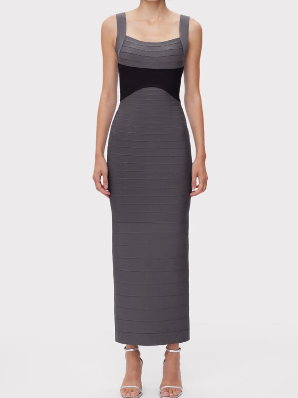 Bandage haljina bez rukava, s visokim strukom, kvadratni izrez, zatvarač, dugačka haljina