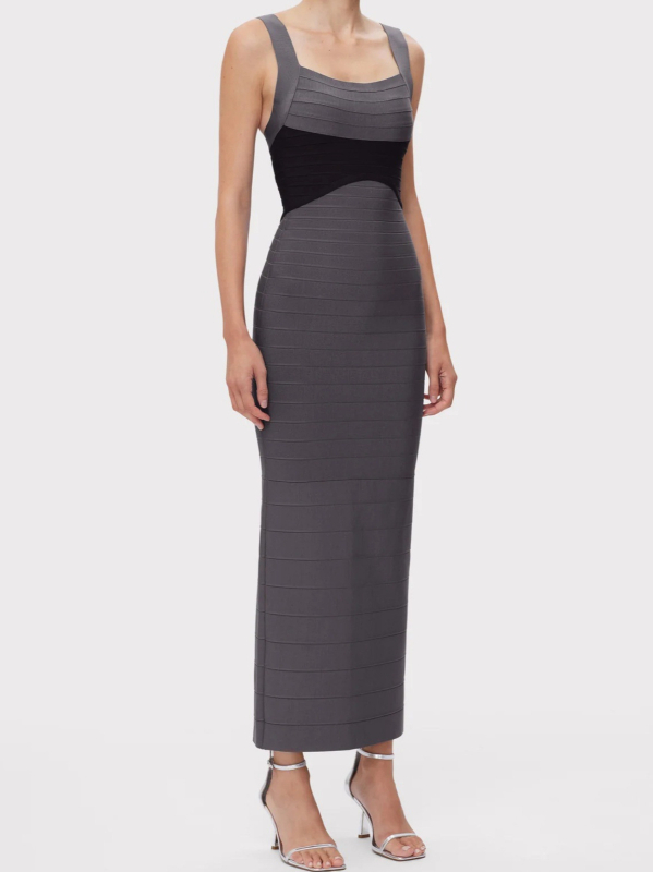 Bandage haljina bez rukava, s visokim strukom, kvadratni izrez, zatvarač, dugačka haljina
