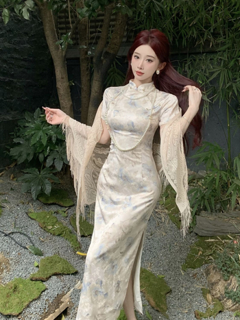 Cheongsam haljina s otiskom, duga, ravni kroj, Cheongsam ovratnik, poliester