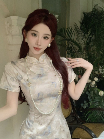 Cheongsam haljina s otiskom, duga, ravni kroj, Cheongsam ovratnik, poliester