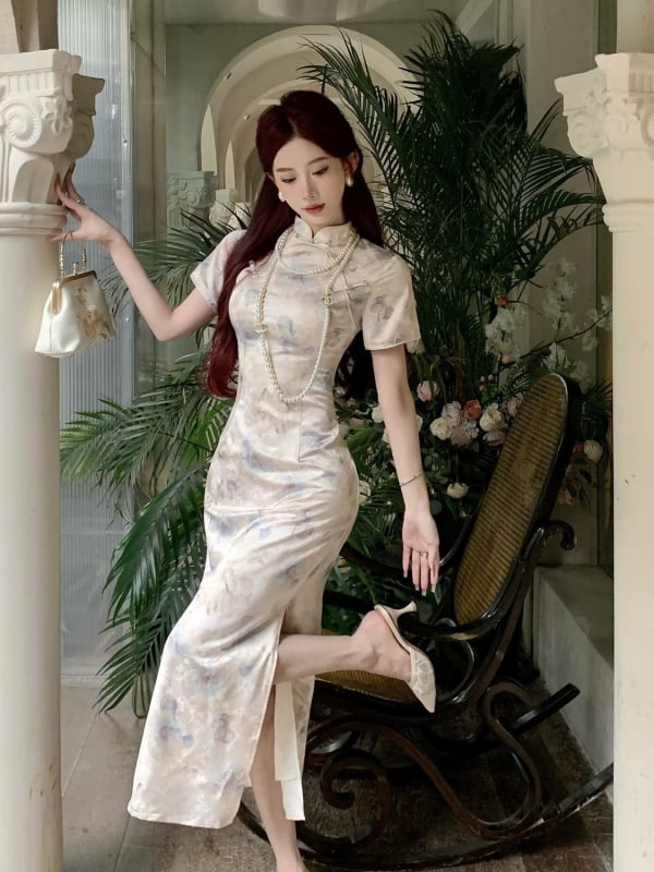 Cheongsam haljina s otiskom, duga, ravni kroj, Cheongsam ovratnik, poliester