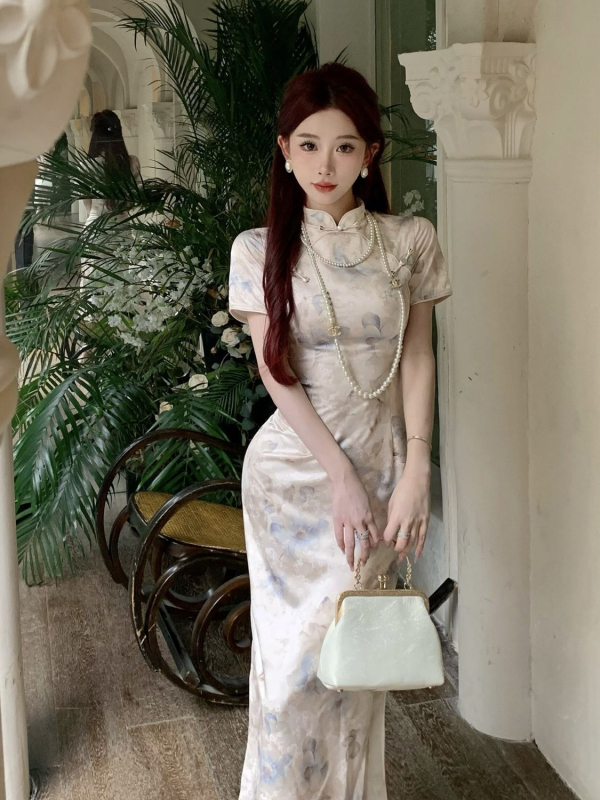 Cheongsam haljina s otiskom, duga, ravni kroj, Cheongsam ovratnik, poliester