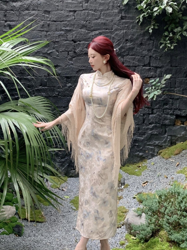 Cheongsam haljina s otiskom, duga, ravni kroj, Cheongsam ovratnik, poliester