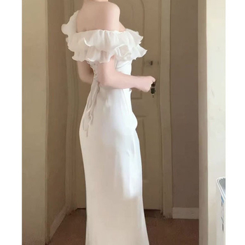 Damska večernja haljina s volanima i ribljim repom, duga, A-linija kroja, nagnuti ovratnik, kratki rukavi – poliester