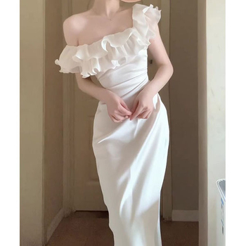 Damska večernja haljina s volanima i ribljim repom, duga, A-linija kroja, nagnuti ovratnik, kratki rukavi – poliester