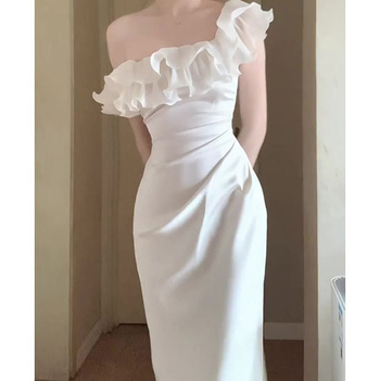 Damska večernja haljina s volanima i ribljim repom, duga, A-linija kroja, nagnuti ovratnik, kratki rukavi – poliester