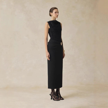 Haljina s visokim strukom, uski silueta olovke, tkanina od poliestera i elastana, okrugli ovratnik, zatvarač