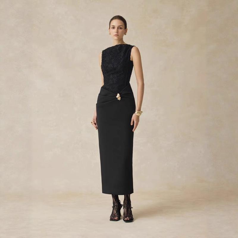 Haljina s visokim strukom, uski silueta olovke, tkanina od poliestera i elastana, okrugli ovratnik, zatvarač