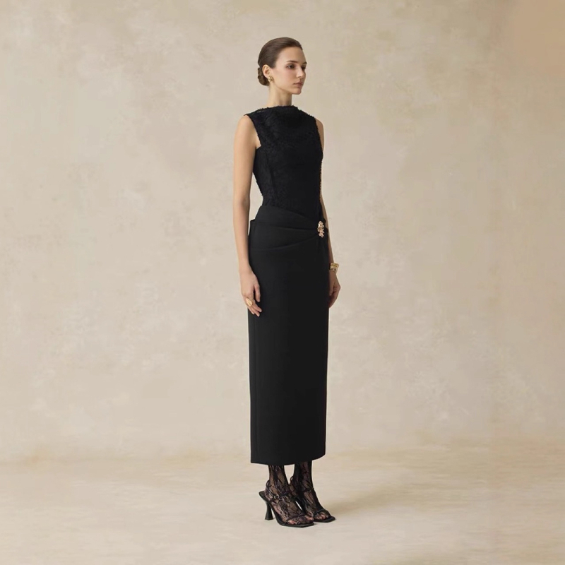 Haljina s visokim strukom, uski silueta olovke, tkanina od poliestera i elastana, okrugli ovratnik, zatvarač