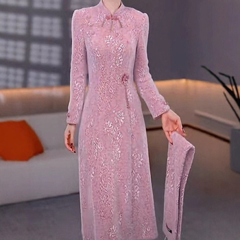 Rochie cu patchwork, croială A-line, lungime midi, guler dublu, mâneci lungi, poliester