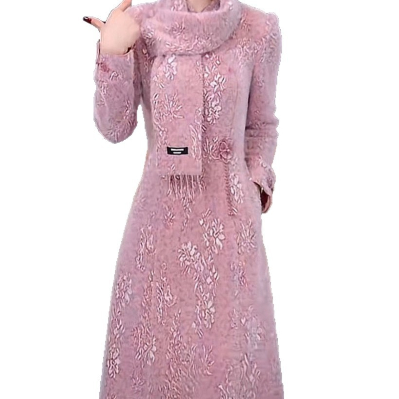 Rochie cu patchwork, croială A-line, lungime midi, guler dublu, mâneci lungi, poliester