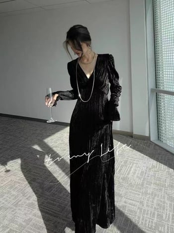 Rochie de catifea cu decolteu în V, mâneci lungi, fustă lungă în linie A, fermoar (Catifea, decolteu V, mâneci lungi, fustă A-line, fermoar)