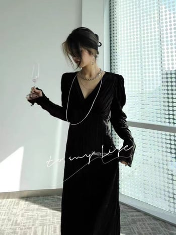 Rochie de catifea cu decolteu în V, mâneci lungi, fustă lungă în linie A, fermoar (Catifea, decolteu V, mâneci lungi, fustă A-line, fermoar)