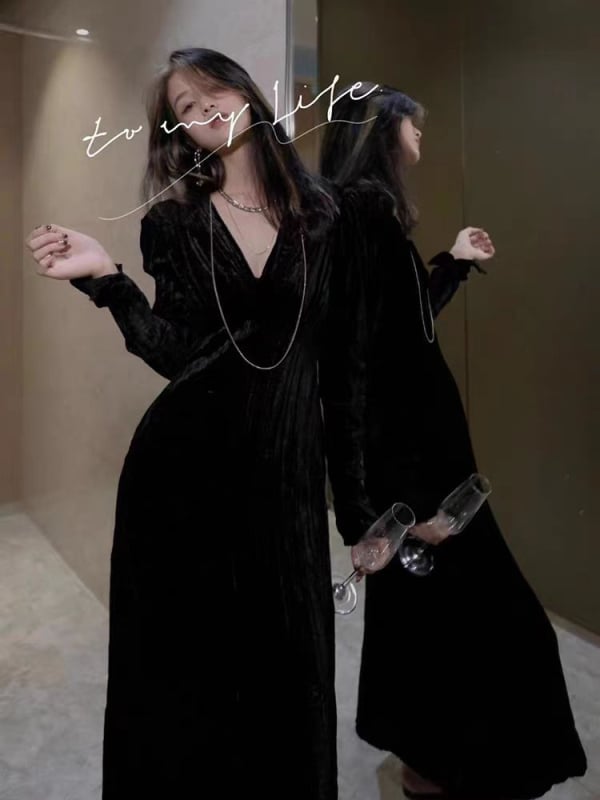 Rochie de catifea cu decolteu în V, mâneci lungi, fustă lungă în linie A, fermoar (Catifea, decolteu V, mâneci lungi, fustă A-line, fermoar)