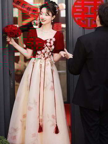 Vjenčana haljina za nazdravljanje; duboki V izrez, bez rukava, duga A-linija suknja, mrežasta tkanina, Chenille-Spandex smjesa (Proljeće 2024)