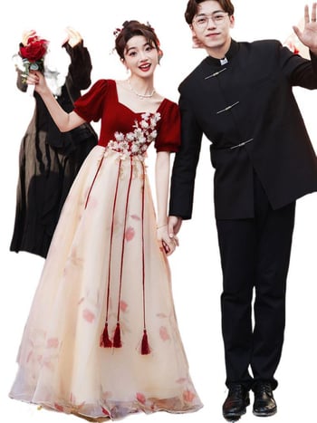 Vjenčana haljina za nazdravljanje; duboki V izrez, bez rukava, duga A-linija suknja, mrežasta tkanina, Chenille-Spandex smjesa (Proljeće 2024)