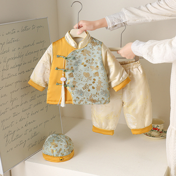 Gyerekek téli Tang öltöny készlet – uniszex, absztrakt mintázat, gyapjú bélés, vastag poliészter anyag, 100% poliészter, kínai stílus