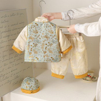 Gyerekek téli Tang öltöny készlet – uniszex, absztrakt mintázat, gyapjú bélés, vastag poliészter anyag, 100% poliészter, kínai stílus