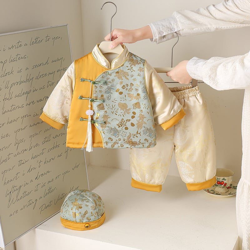 Gyerekek téli Tang öltöny készlet – uniszex, absztrakt mintázat, gyapjú bélés, vastag poliészter anyag, 100% poliészter, kínai stílus