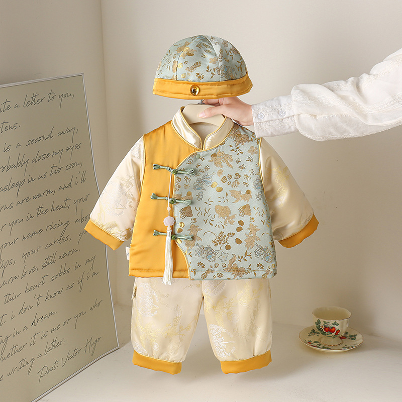 Gyerekek téli Tang öltöny készlet – uniszex, absztrakt mintázat, gyapjú bélés, vastag poliészter anyag, 100% poliészter, kínai stílus