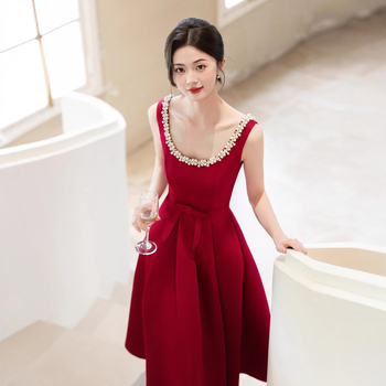 Crvena retro vjenčana večernja haljina za zaruke i banket, elegantan Hepburn stil, jednostavan kroj