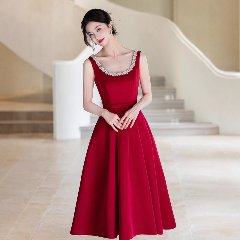 Crvena retro vjenčana večernja haljina za zaruke i banket, elegantan Hepburn stil, jednostavan kroj