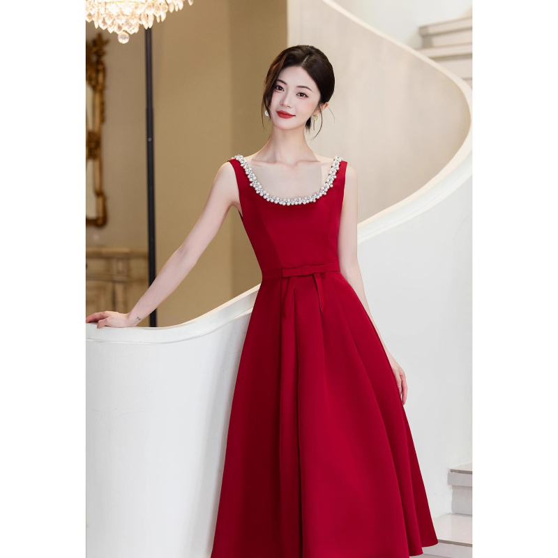 Crvena retro vjenčana večernja haljina za zaruke i banket, elegantan Hepburn stil, jednostavan kroj