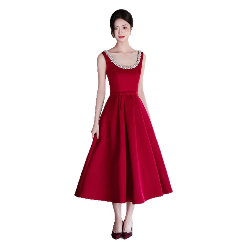 Crvena retro vjenčana večernja haljina za zaruke i banket, elegantan Hepburn stil, jednostavan kroj