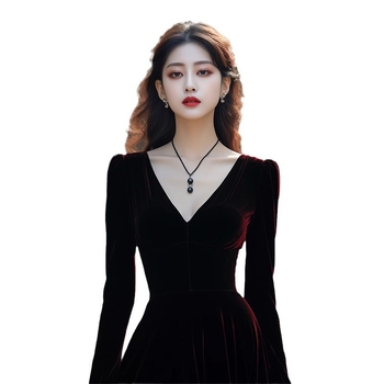 Velúr estélyi ruha V-nyakú, hosszú ujjú, magas derékú, A-vonalú, midi hossz, egyszínű, spandex és poliészter keverék