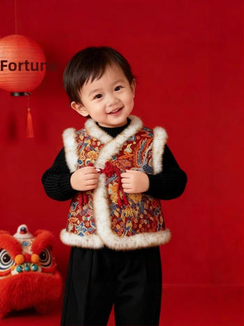 Vaikų Kinų stiliaus liemenė su medvilnine pagrindine medžiaga ir vidiniu fleece pamušalu, storesnė medžiaga – unisex, žiema 2025
