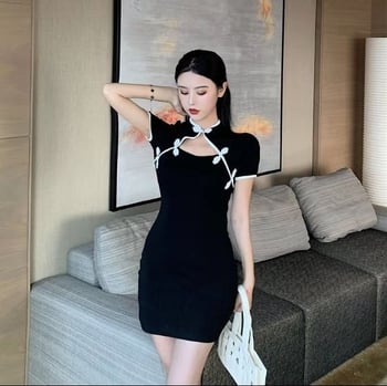 Kínai stílusú ruha, midi hossz, polo gallér, hercegnő ujjú, 3/4-es ujjak, PVC anyag