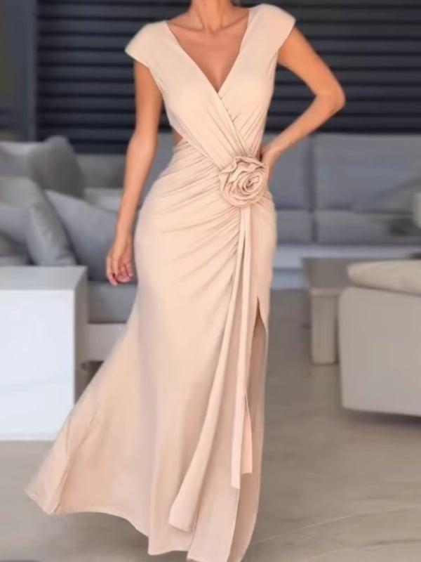 Elegantna haljina s V izrezom, bez rukava, visokim strukom i bočnim prorezom, od poliestera s elastanom