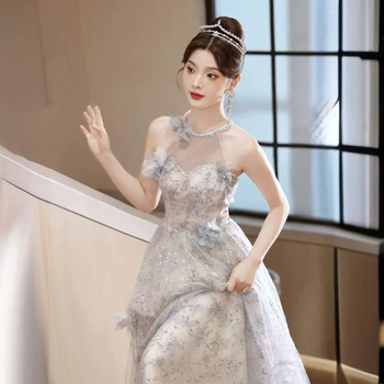 Rochie de seară Tube Top pentru femei, lungă, A-line, fără mâneci, poliester, talie medie, design nou 2025