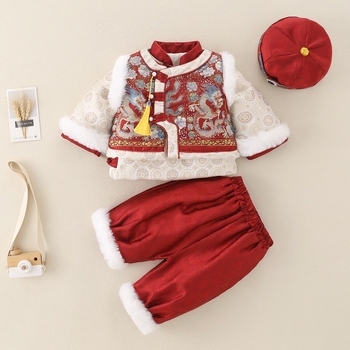 Gyerekeknek szóló kínai Tang ruha - téli kiadás 2025, selyem-poliészter anyag (90% poliészter), vastag, belső pamut bélés, 1–3 éveseknek