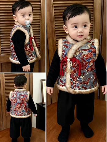 Bērnu ķīniešu Tang vestes ar kokvilnas audumu (95%+), flīsa oderde, dzīvnieku raksts, vecuma grupai 1–3 gadi, ziemas apģērbs