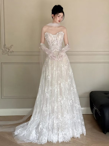 Rochie de mireasă ușoară cu dantelă 2025 vară, fără bretele, fustă lungă, talie medie, 95% poliester