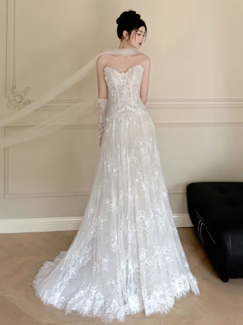 Rochie de mireasă ușoară cu dantelă 2025 vară, fără bretele, fustă lungă, talie medie, 95% poliester