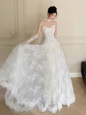 Rochie de mireasă ușoară cu dantelă 2025 vară, fără bretele, fustă lungă, talie medie, 95% poliester