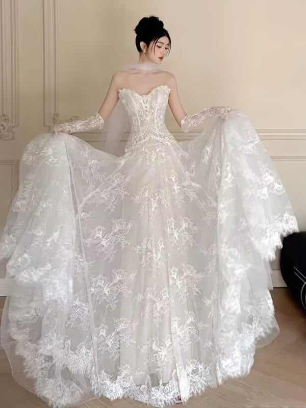 Rochie de mireasă ușoară cu dantelă 2025 vară, fără bretele, fustă lungă, talie medie, 95% poliester