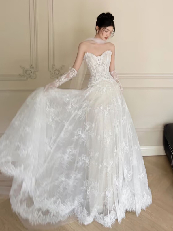 Rochie de mireasă ușoară cu dantelă 2025 vară, fără bretele, fustă lungă, talie medie, 95% poliester